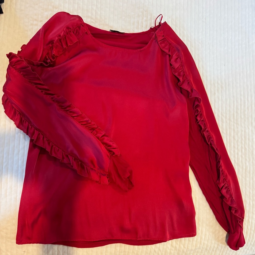 Zara Vibrant Red Ruffle-Trim Long Sleeve Top